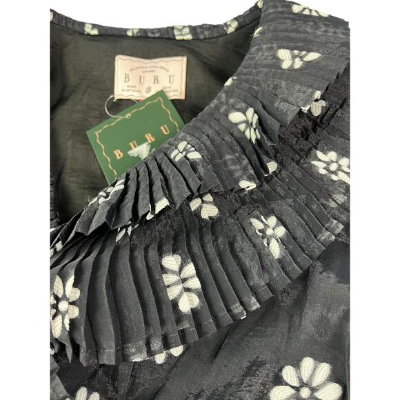 Buru Blanche Floral Pleated Ruffled V-Neck Mini Dress | Sz M, Black White NWT - Picture 9 of 15